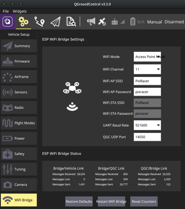 QGroundControl ESP8266 settings pane