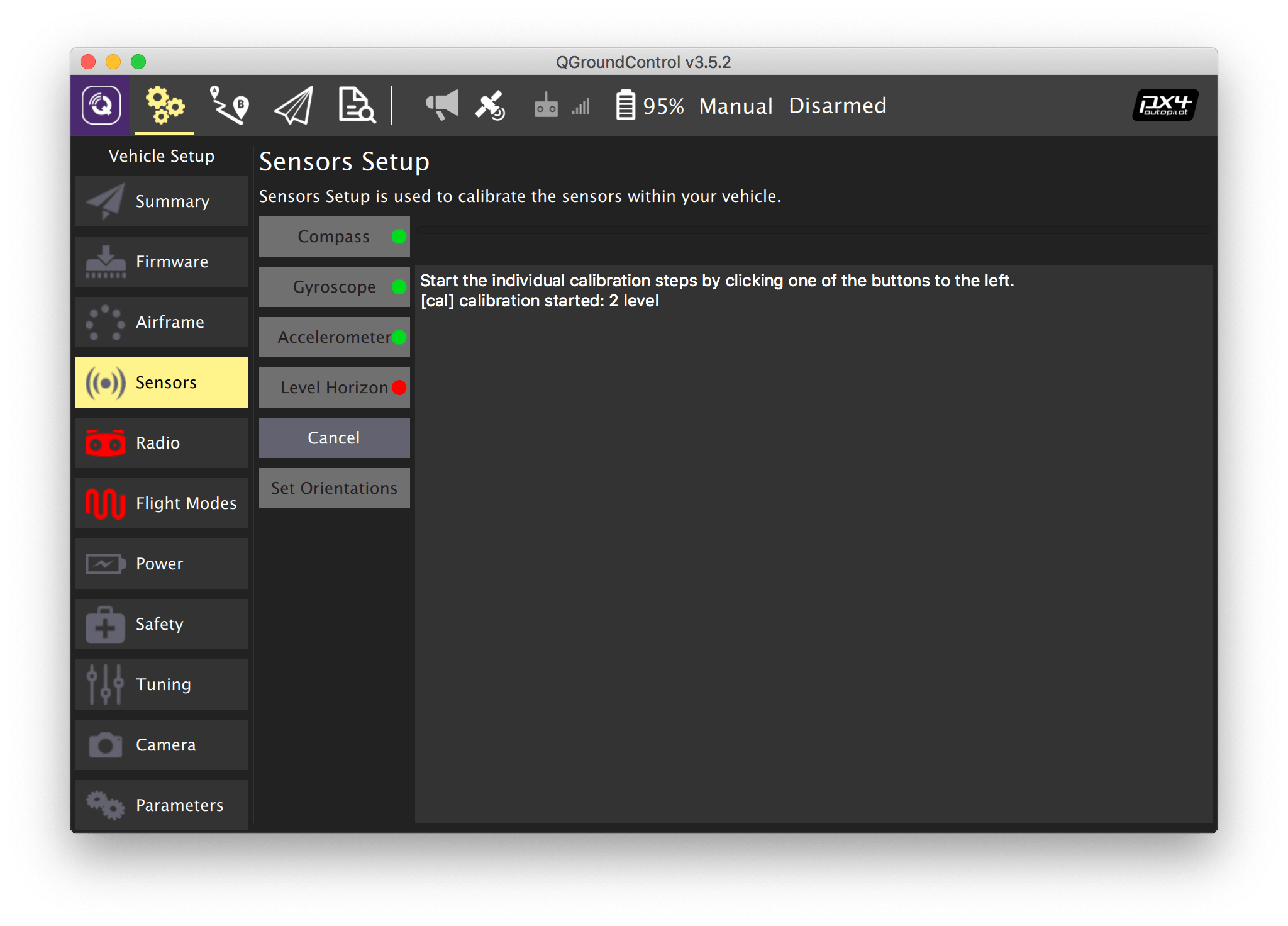 QGroundControl level horizon calibration