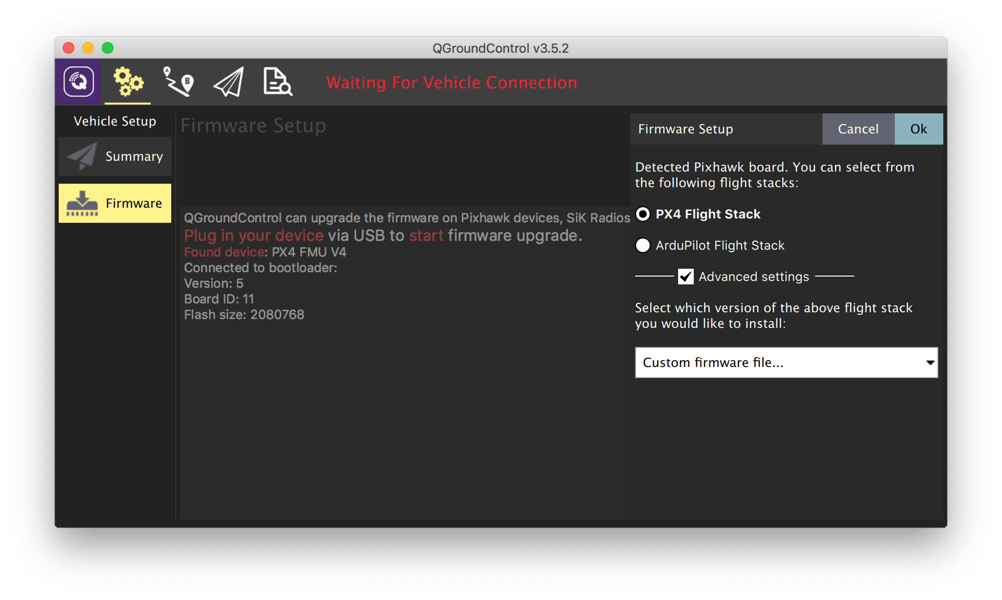 QGroundControl firmware upload