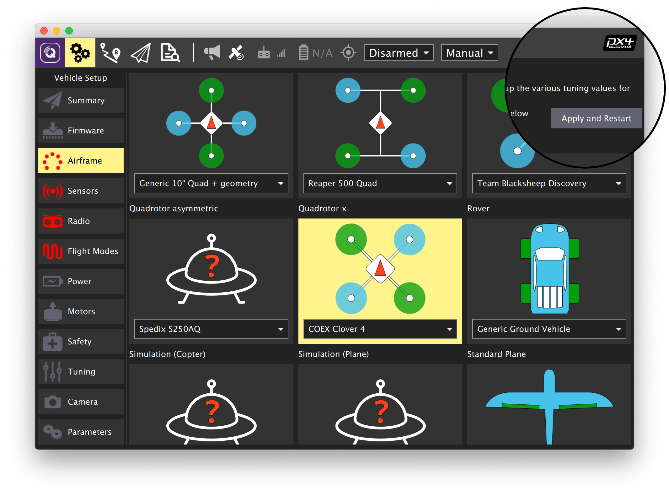 QGroundControl frame selection