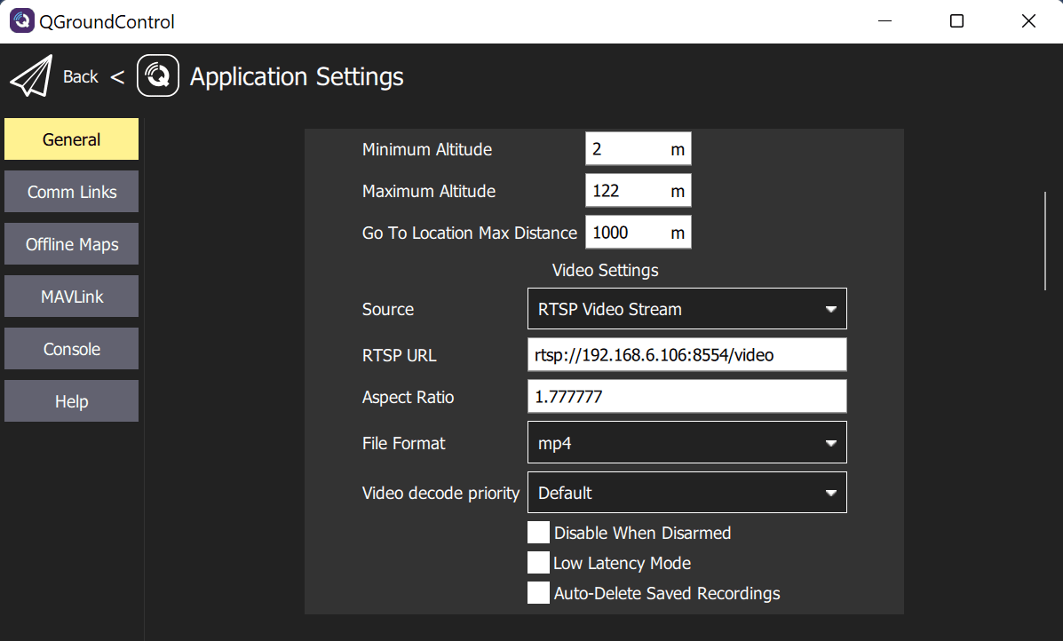 Настройки трансляции RTSP в QGC
